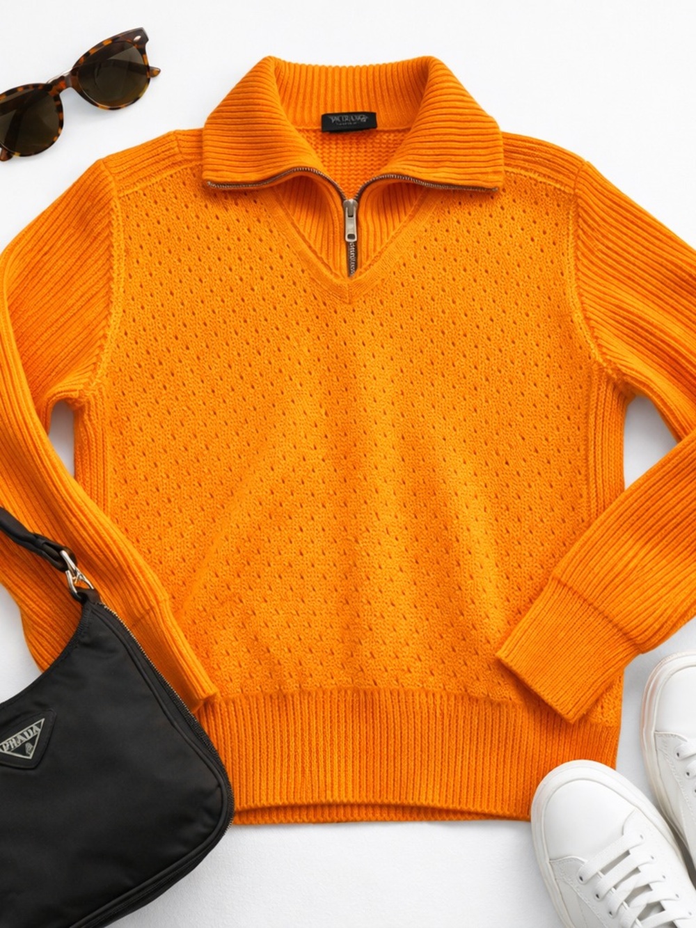 Prada Milano Orange Cotton Half Zip Sweater Textured Knit Italy Size 48 in EUC